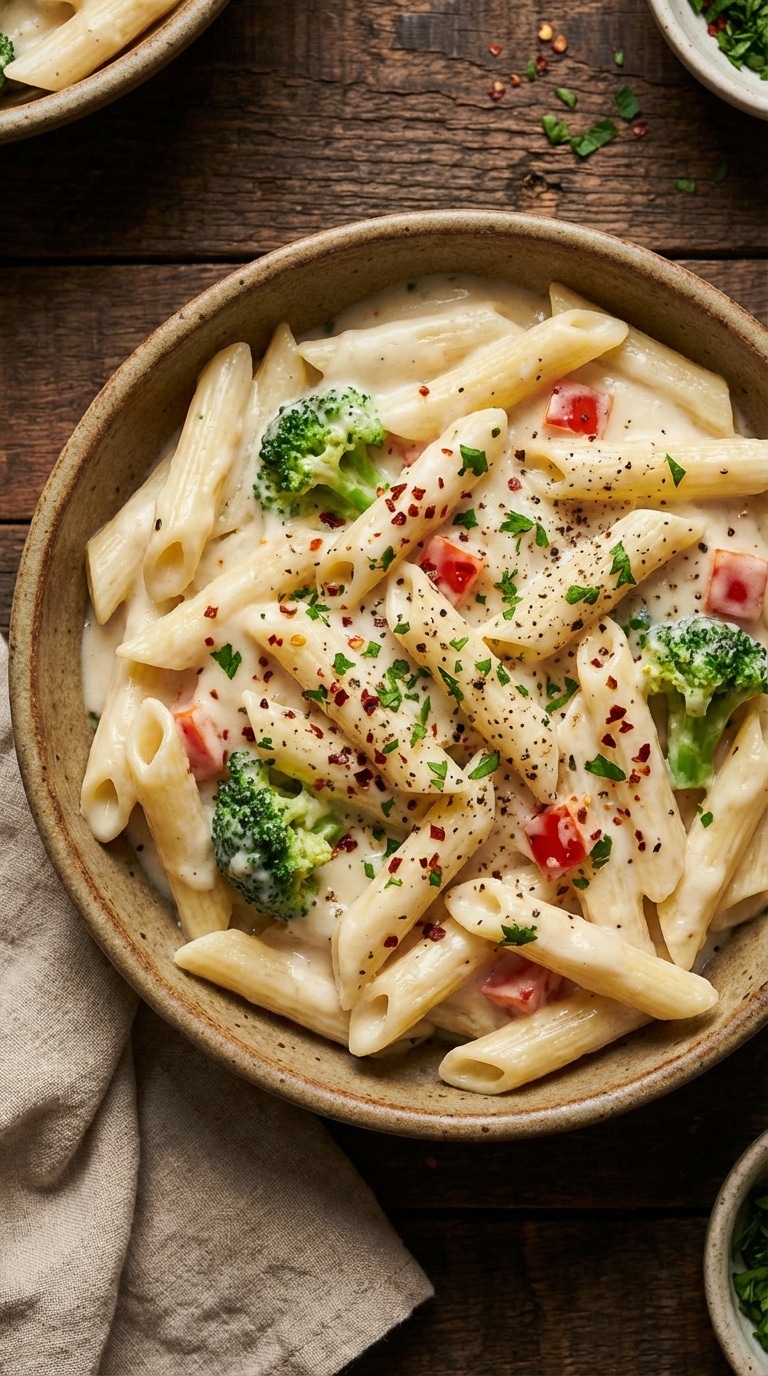 A top-down view of a ceramic bowl filled with penne pasta coated in a rich, creamy white sauce, garnished with herbs and chili flakes.