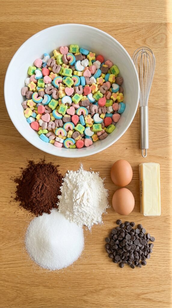 A flat lay showing a large bowl of Lucky Charms marshmallows, cocoa powder, butter, flour, sugar, and eggs on a wooden surface