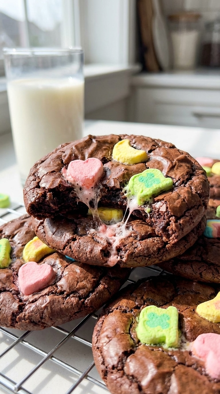 A stack of thick, dark chocolate cookies studded with melted pastel Lucky Charms marshmallows on a cooling rack.