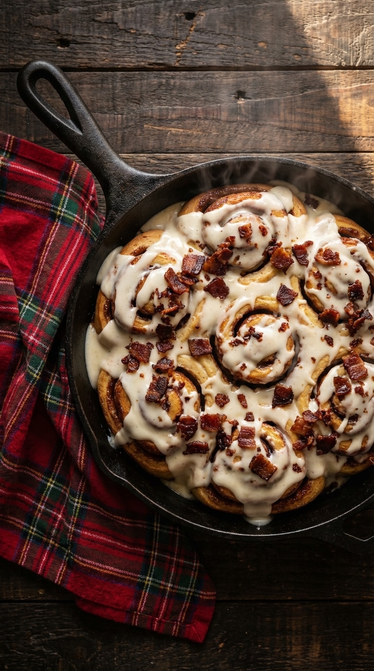 A top-down view of a cast-iron skillet filled with cinnamon rolls topped with dripping maple frosting and crispy bacon bits.