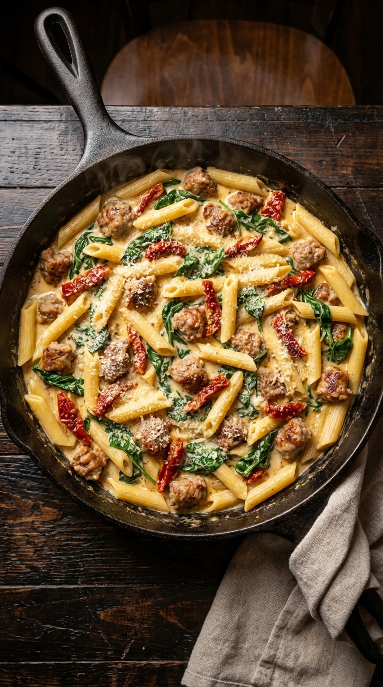 A top-down view of a cast iron skillet filled with creamy pasta, Italian sausage, sun-dried tomatoes, and spinach.