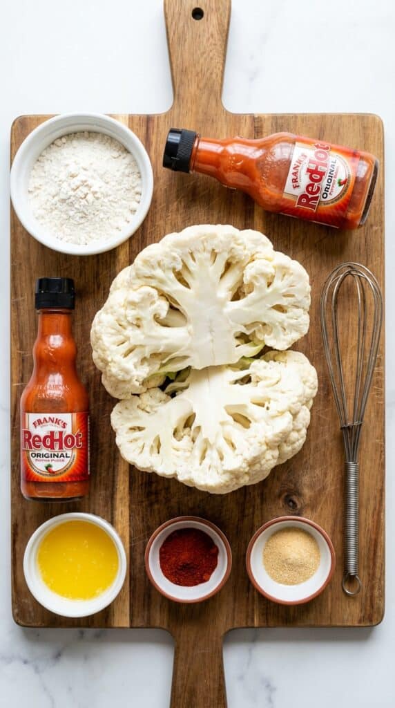 A flat lay showing raw cauliflower florets, flour, hot sauce, butter, and spices on a wooden board.