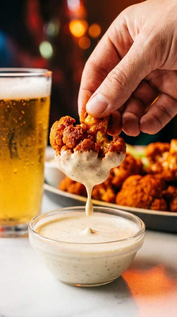 A close-up of a hand dipping a spicy cauliflower wing into ranch dressing.