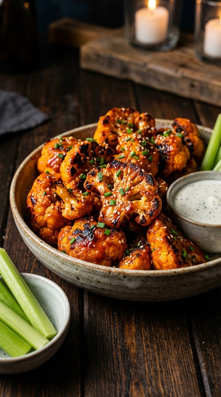 A bowl of crispy orange buffalo cauliflower wings with ranch dip and celery on a dark table.