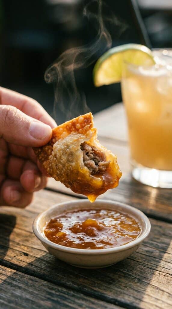 A close-up of a hand dipping a crispy wonton into mango sauce, showing the filling inside.