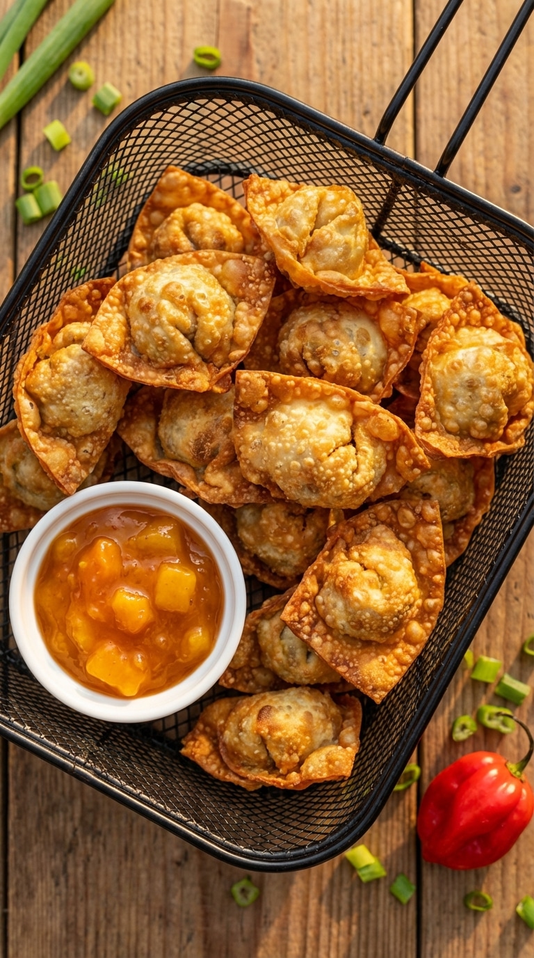 Top-down view of an air fryer basket filled with golden crispy wontons and a side of mango chutney.