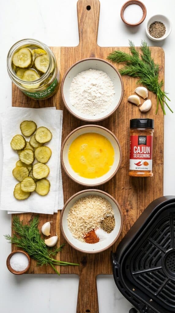 A flat lay showing a jar of pickles, flour, eggs, panko breadcrumbs, and spices set up for breading