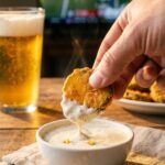 A close-up of a hand dipping a crispy fried pickle chip into white ranch dressing.