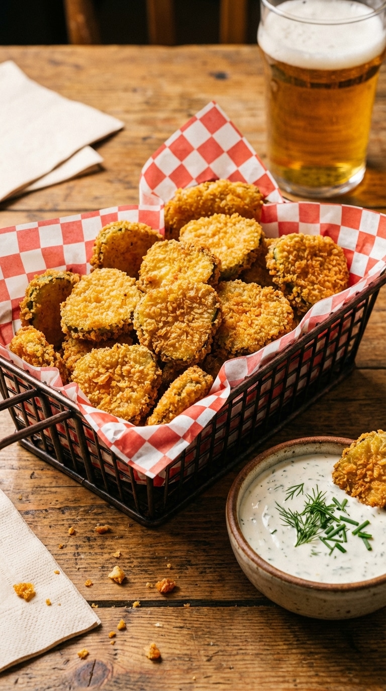 A wire basket filled with crispy golden fried pickle chips served with a side of creamy ranch dressing.