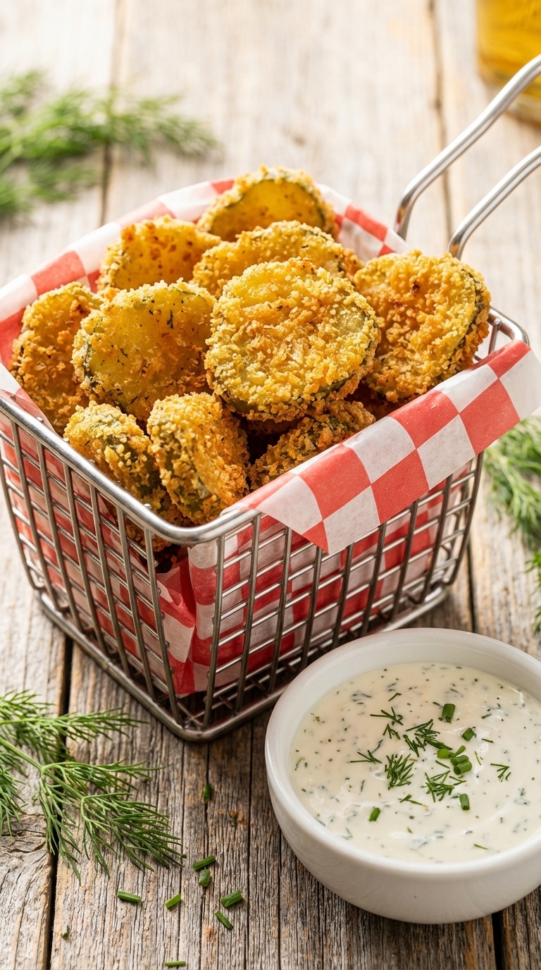 A wire basket filled with crispy golden fried pickle chips served with a side of ranch dressing.