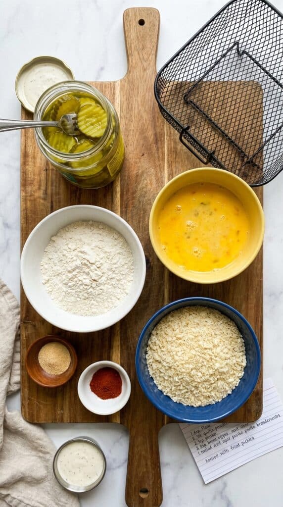 A flat lay showing a jar of pickles, flour, eggs, panko breadcrumbs, and spices on a wooden board.