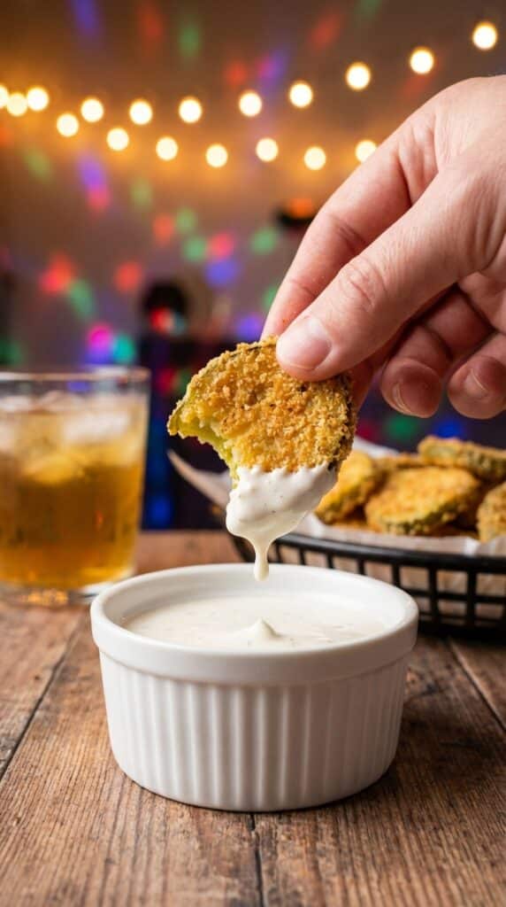 A close-up of a hand dipping a crispy fried pickle chip into ranch dressing.