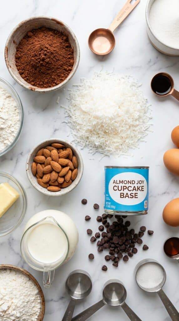 A clean, organized overhead shot visually explaining the core flavors. By featuring the coconut, almonds, and chocolate prominently, the viewer immediately understands what the recipe will taste like.