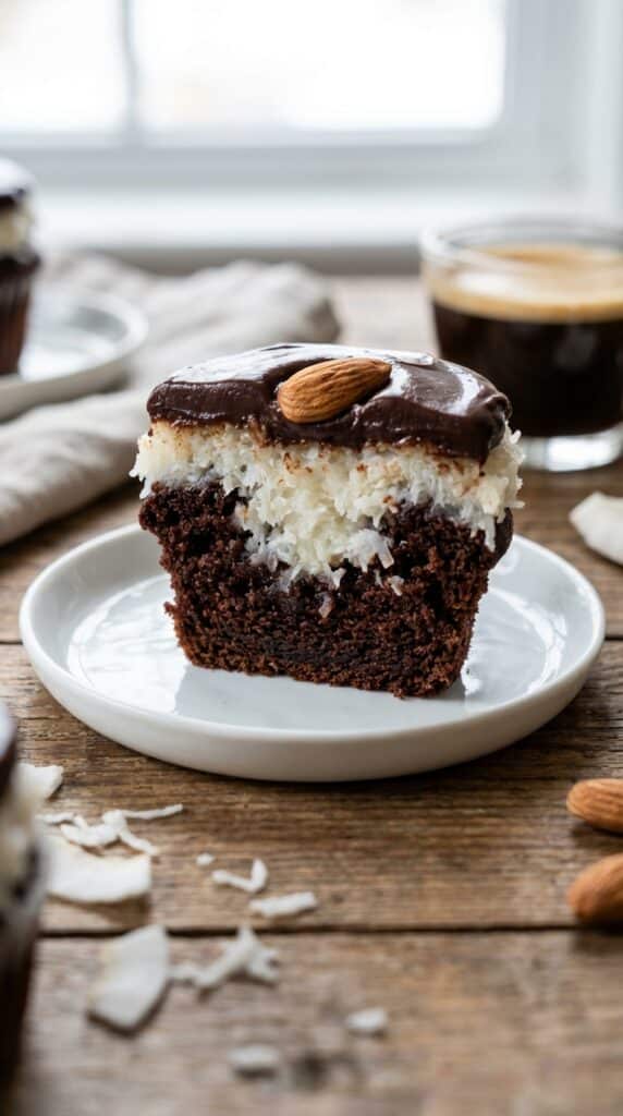 A close-up cross-section of a halved chocolate cupcake showing a thick layer of coconut filling and a chocolate ganache topping.
