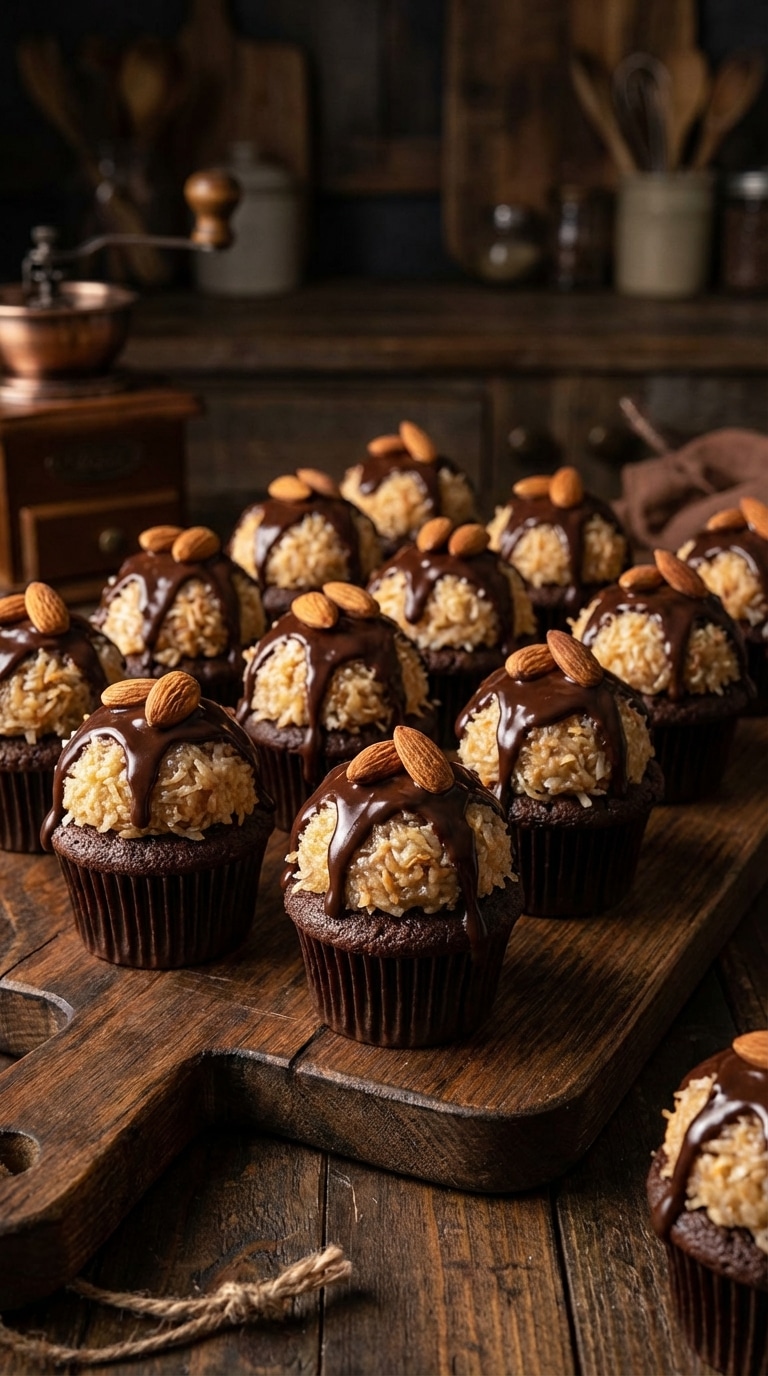 A wooden board holding chocolate cupcakes topped with a mound of coconut, chocolate ganache, and whole almonds.