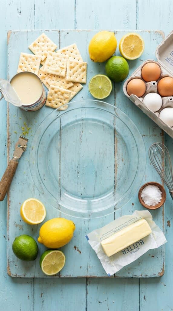 A flat lay showing saltine crackers, fresh lemons, limes, condensed milk, eggs, butter, and sea salt on a blue wooden board.