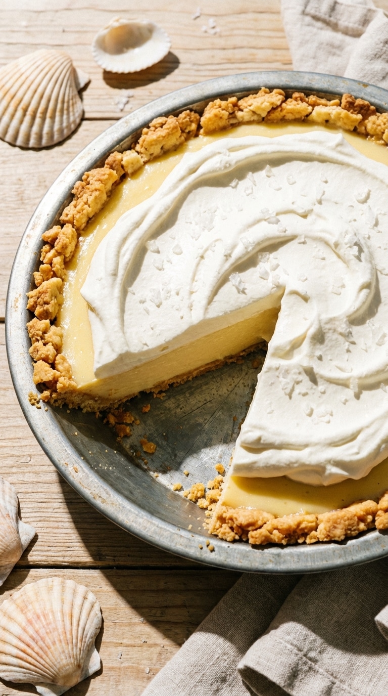 A whole Atlantic Beach pie with a saltine cracker crust, pale yellow citrus filling, whipped cream, and sea salt on a wooden table.