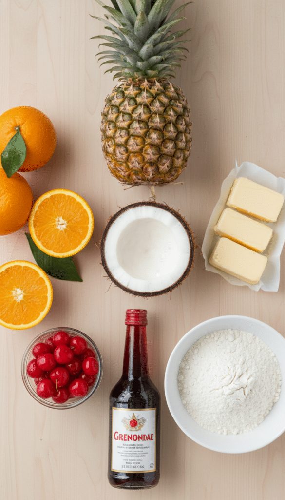 A flat lay showing a coconut, oranges, pineapple, cherries, grenadine syrup, flour, and butter on a wooden board.