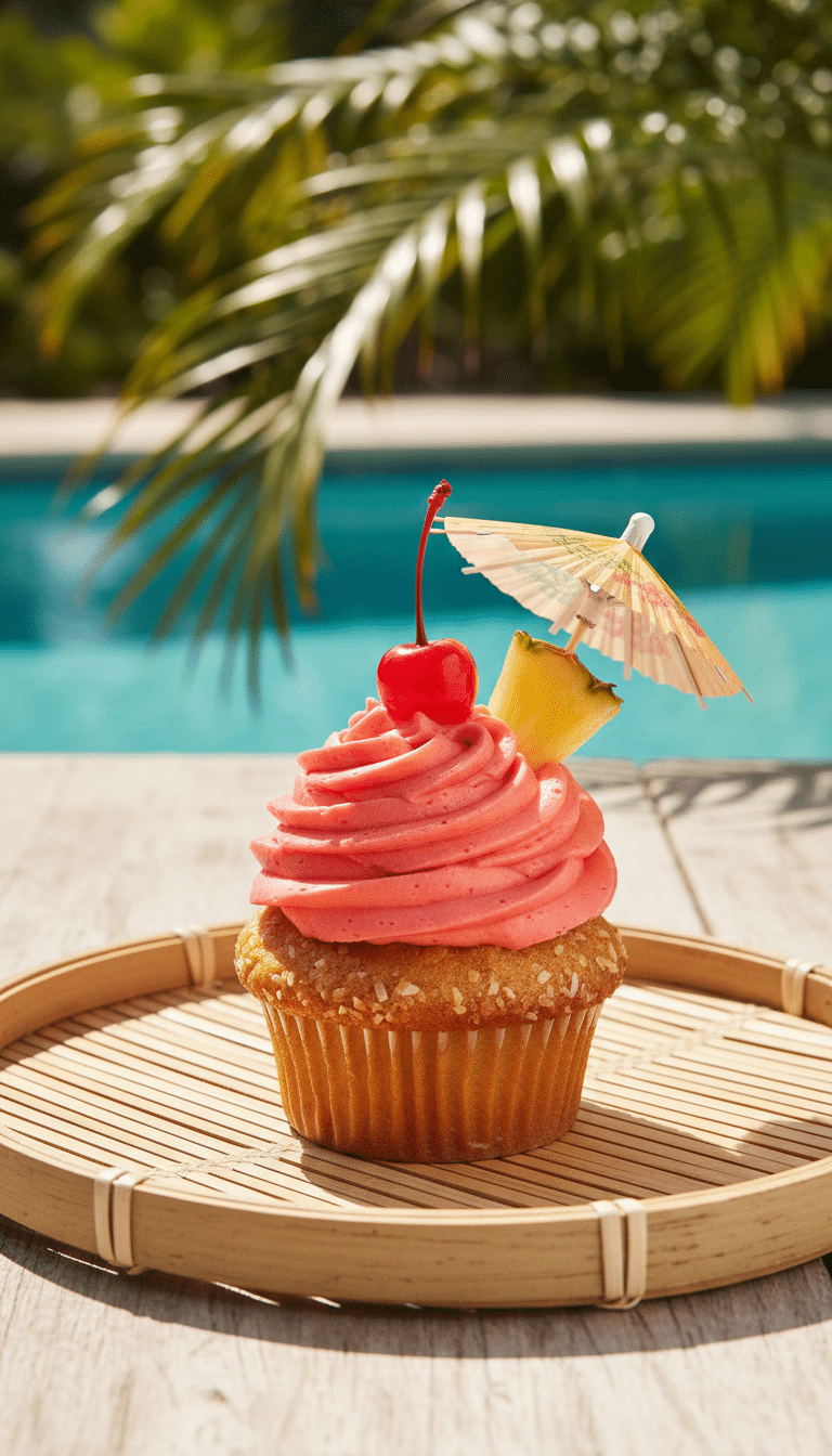 A close-up of a hand holding a bitten Bahama Mama cupcake, showing the moist yellow crumb and pink frosting.