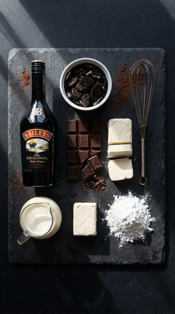 A flat lay showing a bottle of Baileys, Oreo crumbs, dark chocolate, cream cheese, and heavy cream on a dark slate board.