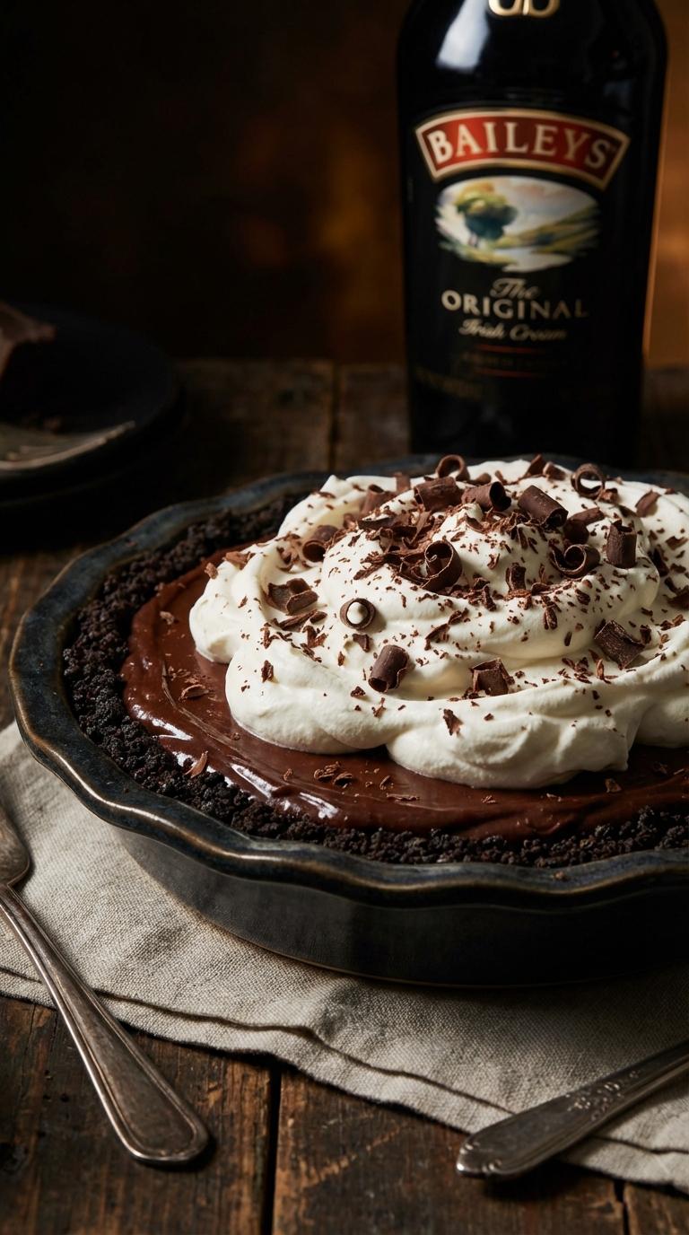 A whole chocolate cream pie with an Oreo crust, topped with whipped cream and chocolate curls, with a bottle of Baileys in the background.