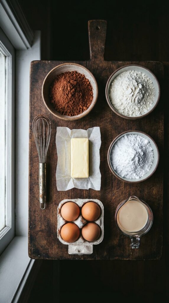 Overhead flat lay showing cocoa powder, butter, powdered sugar, eggs, and a pour of Baileys Irish cream on a dark wooden board.