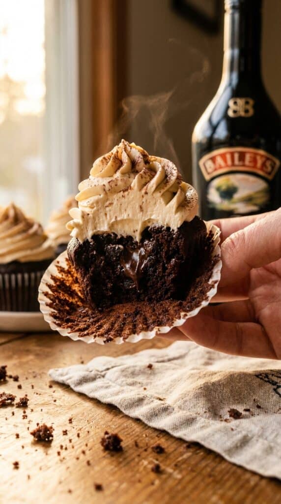 A close-up of a hand peeling the wrapper off a moist chocolate cupcake with a thick swirl of frosting.
