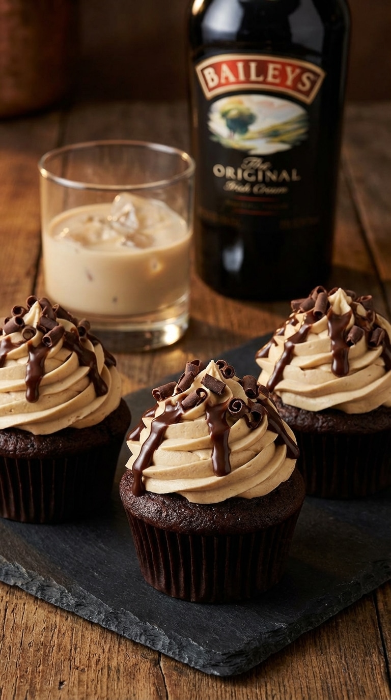 Close-up of three chocolate cupcakes with tall swirls of Baileys buttercream, chocolate shavings, and a glass of Irish cream in the background.