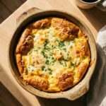 A close-up of a fork cutting into a thick, steamy slice of baked fluffy eggs on a plate with toast.