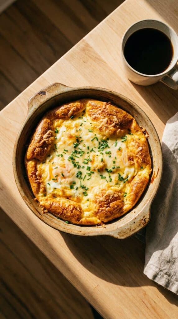 A close-up of a fork cutting into a thick, steamy slice of baked fluffy eggs on a plate with toast.