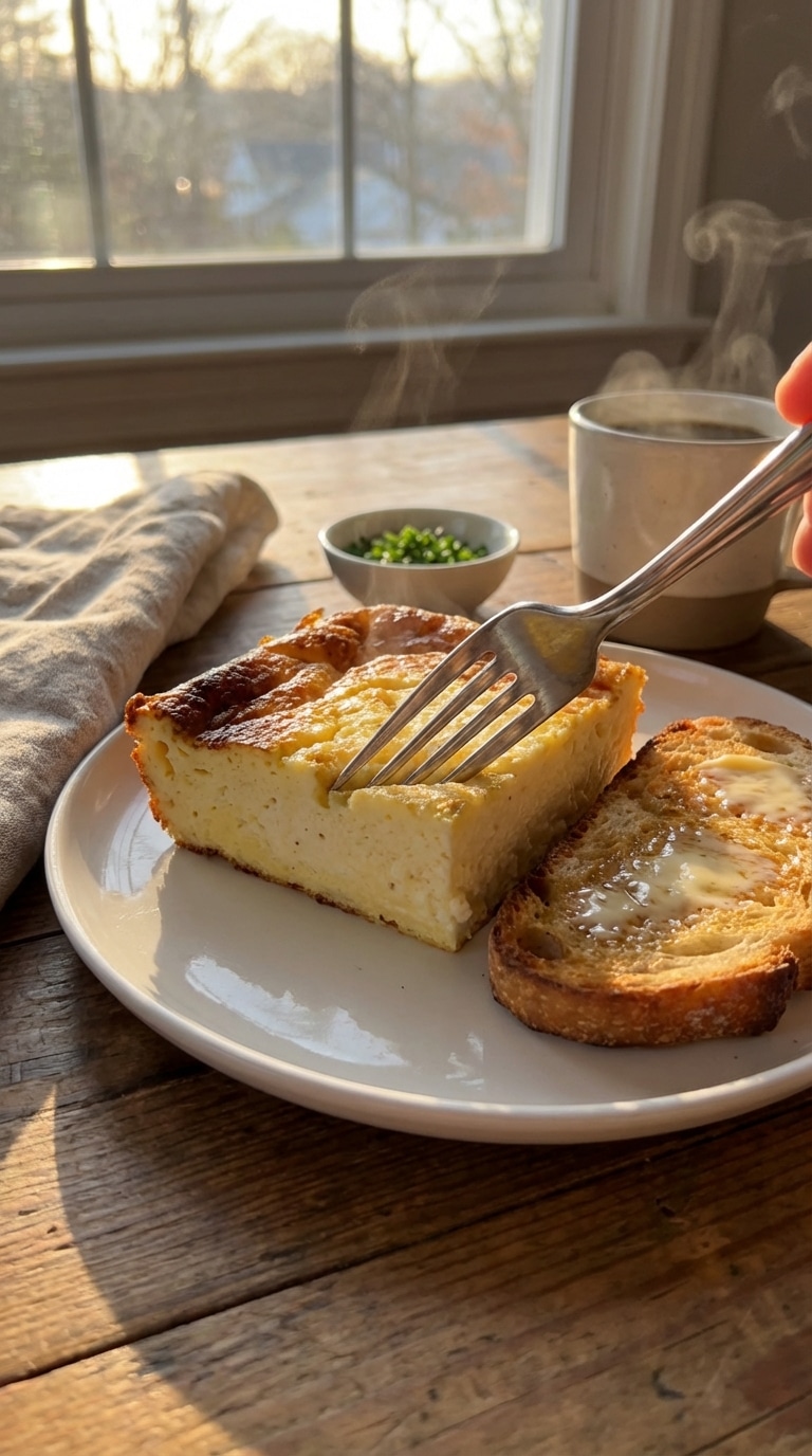 A ceramic baking dish filled with a golden-brown puffed egg and cottage cheese bake, garnished with fresh chives, next to a cup of coffee.