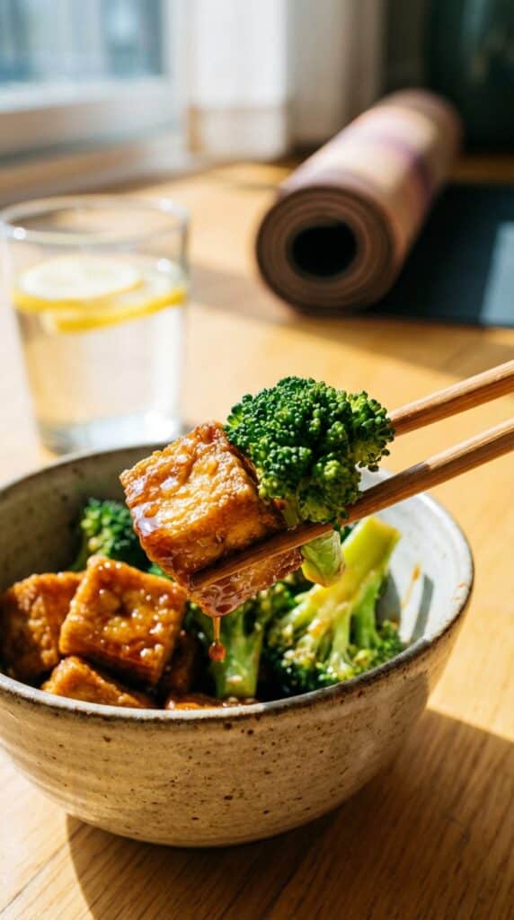 A close-up of chopsticks lifting a piece of glazed crispy tofu and broccoli from a rice bow