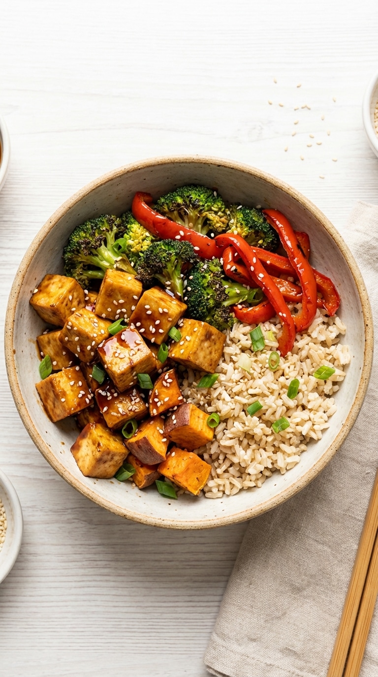 A top-down view of a healthy grain bowl with crispy baked tofu, roasted broccoli, peppers, and sweet potatoes, drizzled with sauce.