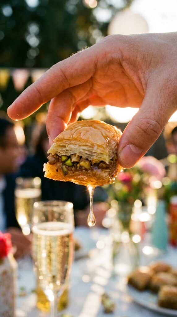 A close-up of a hand holding a single sticky baklava bite with honey dripping off.