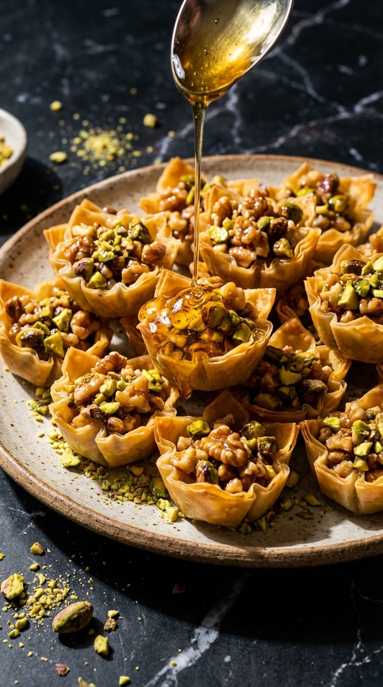 A platter of mini baklava bites in phyllo cups, drizzled with honey syrup and topped with crushed pistachios.