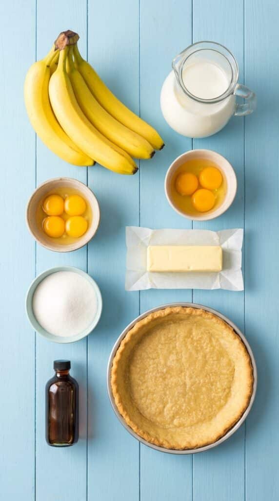 Overhead flat lay of pie ingredients including yellow bananas, milk, egg yolks, butter, sugar, and a pie crust on a blue table.