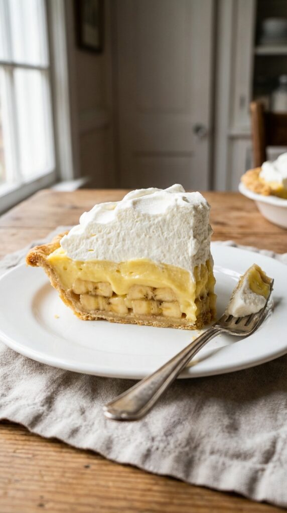 A close-up cross-section of a slice of banana cream pie on a plate, showing distinct layers of crust, bananas, custard, and whipped cream.
