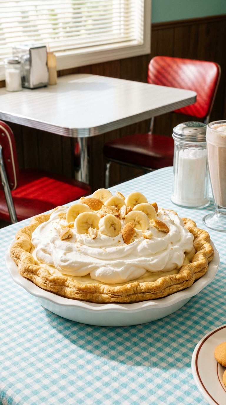A whole banana cream pie topped with billowy whipped cream and banana slices, sitting on a checkered tablecloth.