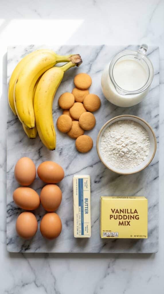 Overhead view of baking ingredients on a marble board, including bananas, vanilla wafers, milk, flour, eggs, butter, and pudding mix.