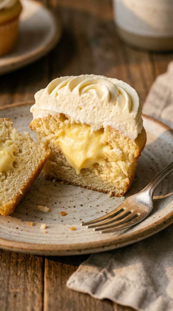 A macro cross-section of a banana pudding cupcake cut in half, revealing a creamy pudding center beneath whipped frosting.