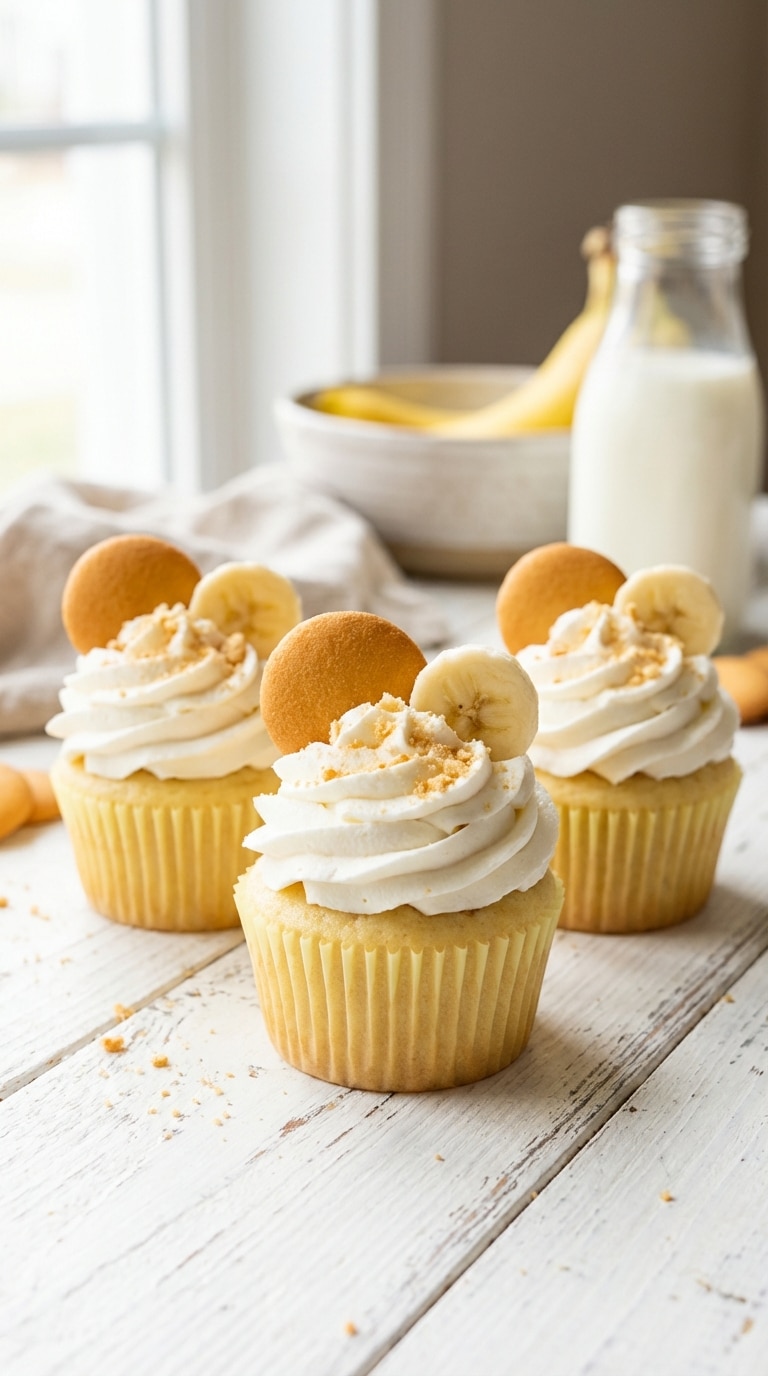 Three banana pudding cupcakes in yellow liners, topped with whipped frosting, a vanilla wafer, and a slice of fresh banana.