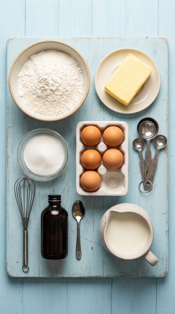 A flat lay showing flour, butter, sugar, eggs, milk, and vanilla extract on a blue board.