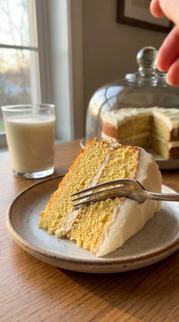 A close-up of a slice of yellow vanilla cake with white frosting on a plate, with a fork taking a bite.