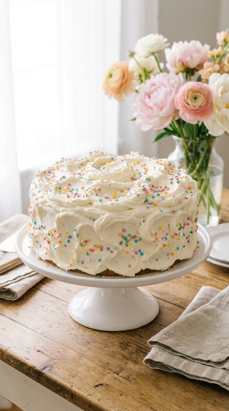 A whole two-layer vanilla cake with white frosting and pastel sprinkles on a cake stand in a sunny kitchen.