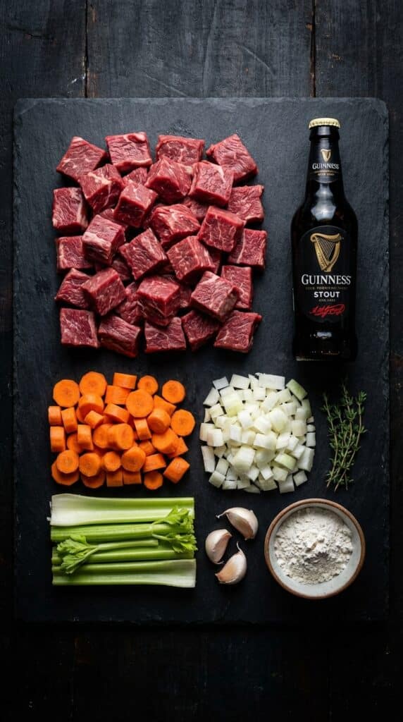 A flat lay showing raw beef, vegetables, herbs, and a can of Guinness stout on a dark surface.