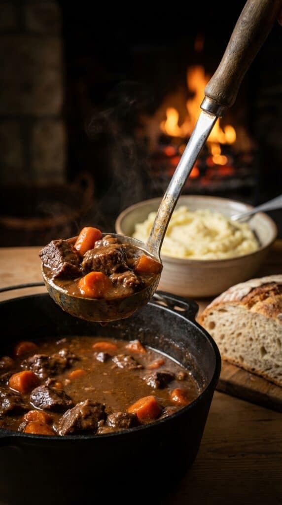 A close-up of a ladle lifting thick beef stew with vegetables, with mashed potatoes in the background.