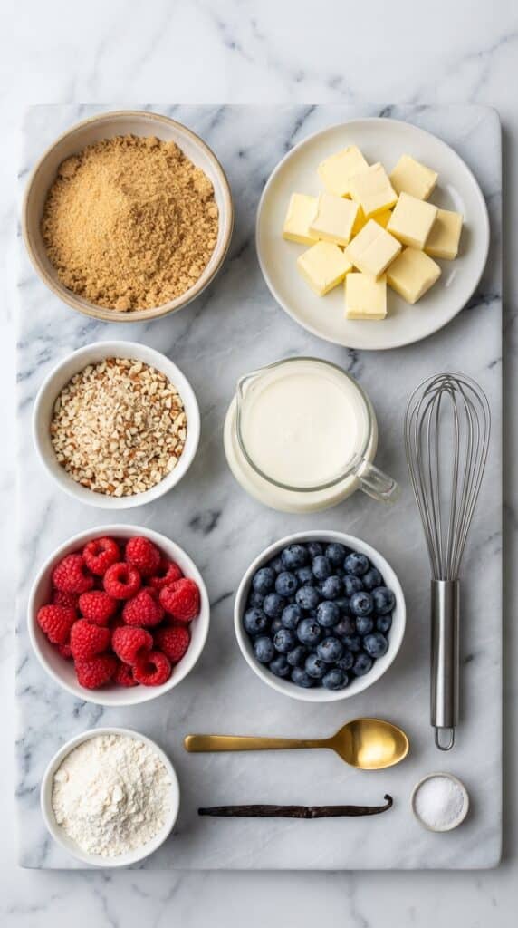 A flat lay showing brown sugar, butter, almonds, heavy cream, and fresh berries on a marble surface.