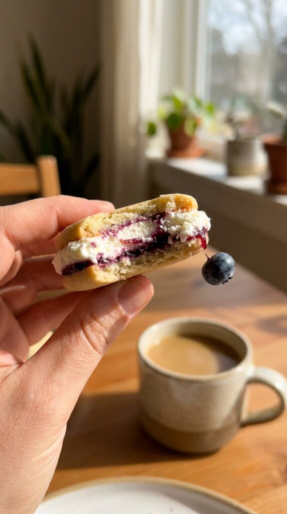 A hand holding a bitten crispy lace cookie topped with cream and fruit, showing the sharp texture.
