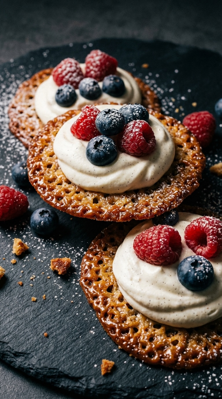 Close-up of thin, crispy lace cookies topped with whipped cream and fresh berries on a dark plate.
