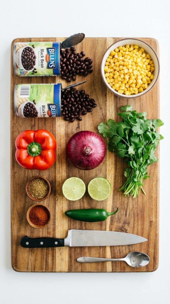 A flat lay showing black beans, corn, red pepper, onion, limes, cilantro, and spices on a wooden board.